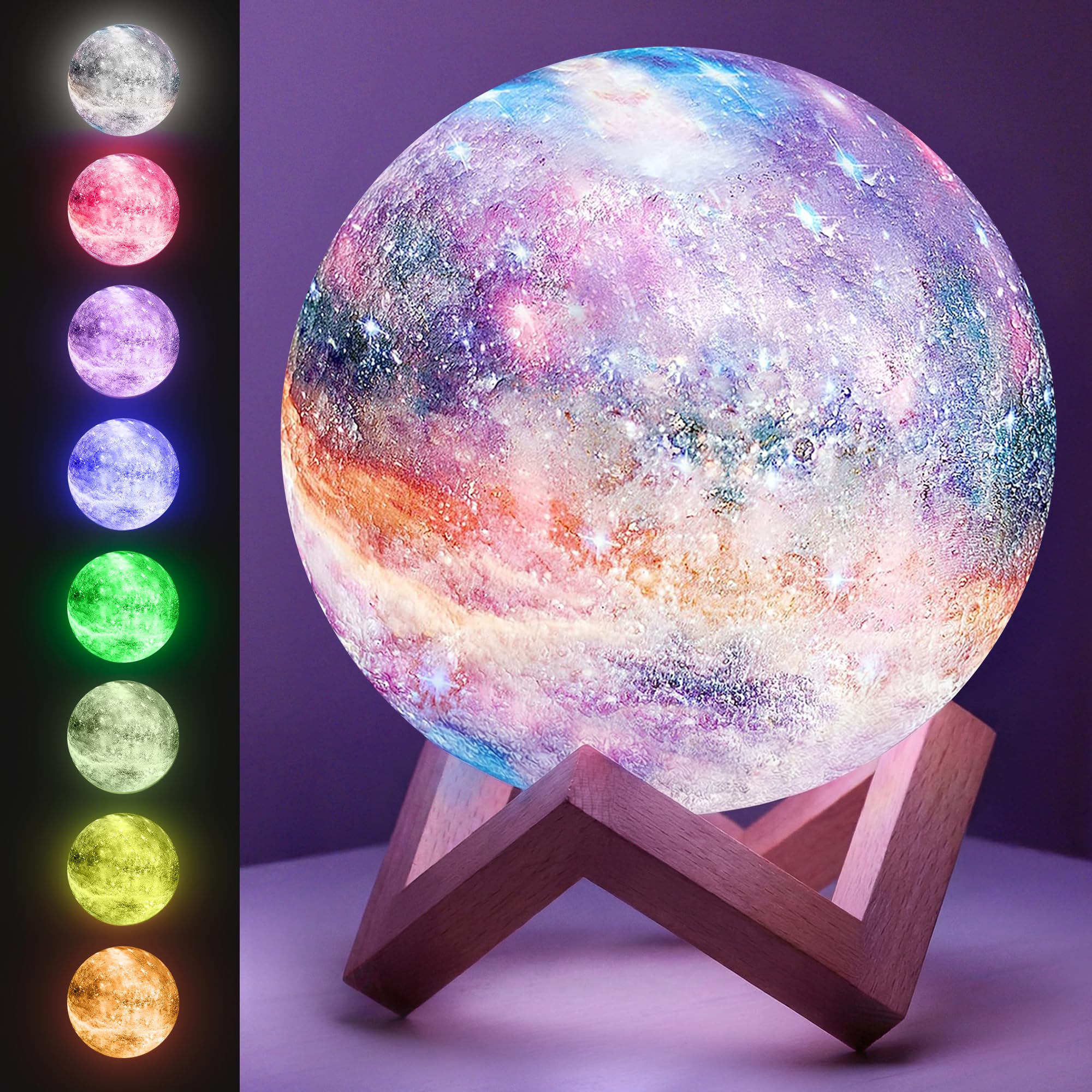 Mind-Glowing Galaxy Moon Lamp with Multi Colors, Touch/Remote, Wood Stand - Birthday Gift for Any Year Old Girls & Boys - Teen Girl Room Decor, Trendy Stuff - Cool Night Light for Kids (5.9 inch)