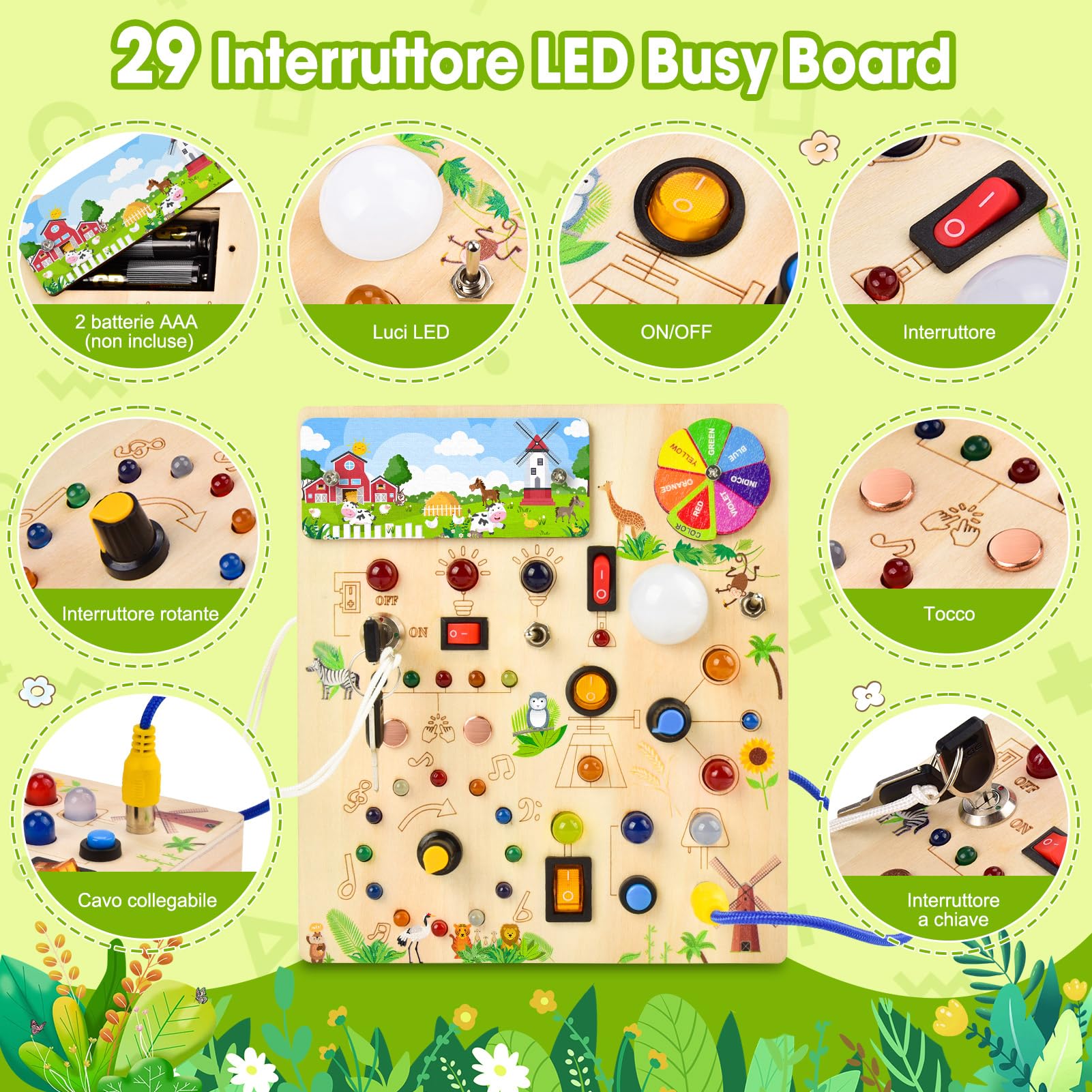 Busy Board Montessoris Activity board 1 anni,Giochi Montessori per Bambini 2 Anno,Busy Board Montessori per Bambini di Gioco Legno 1 Anno,Activity Boards 1 Anno con 29 LED Giocattoli Sensoriali