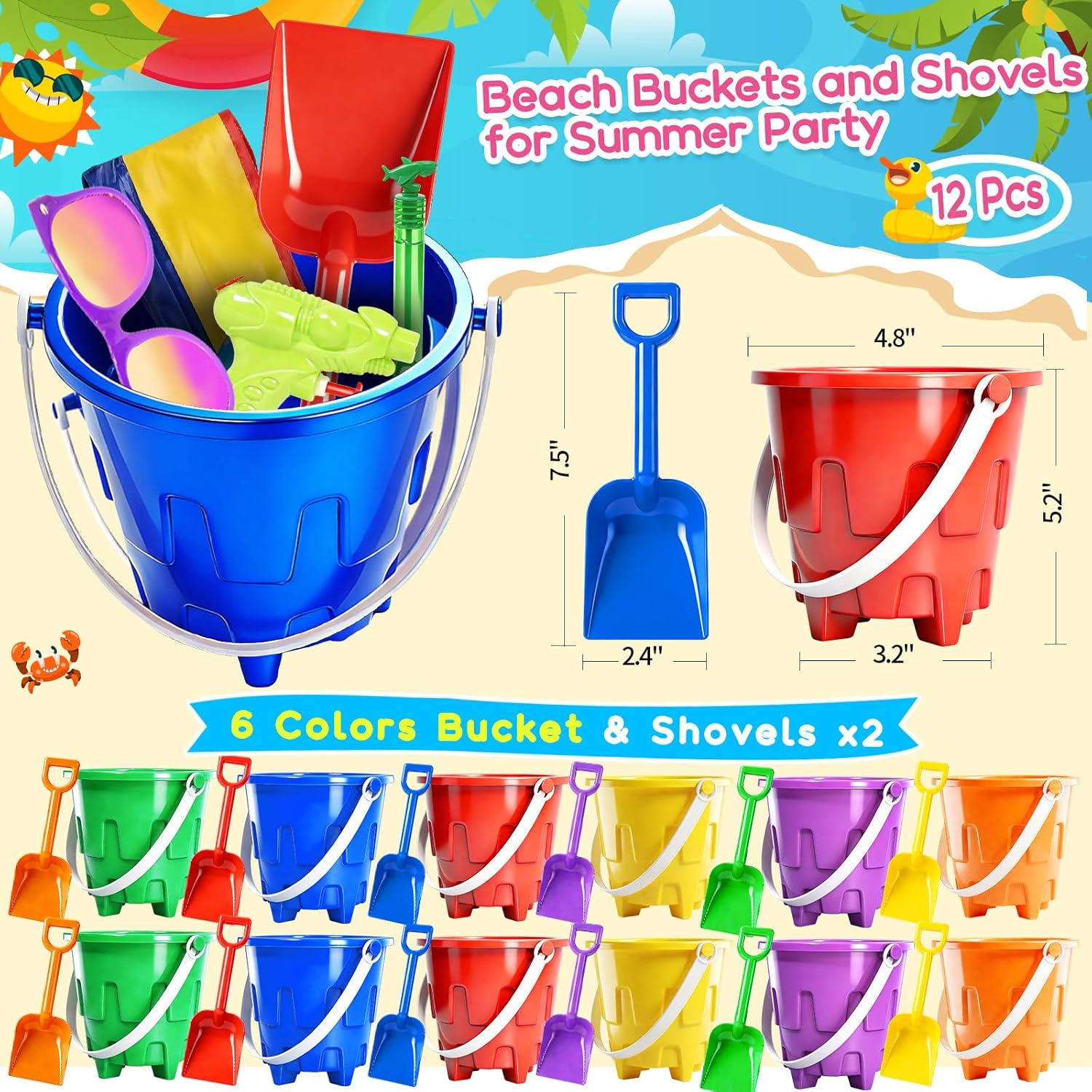 Pool Party Favors and Beach Party Favors 168pcs Summer Pool Toys for Party,Kids Ages 4-8 8-12, Including 12 Castle Mold Buckets, 12 Shovels,Beach Balls, Sunglasses, Bubble Wands