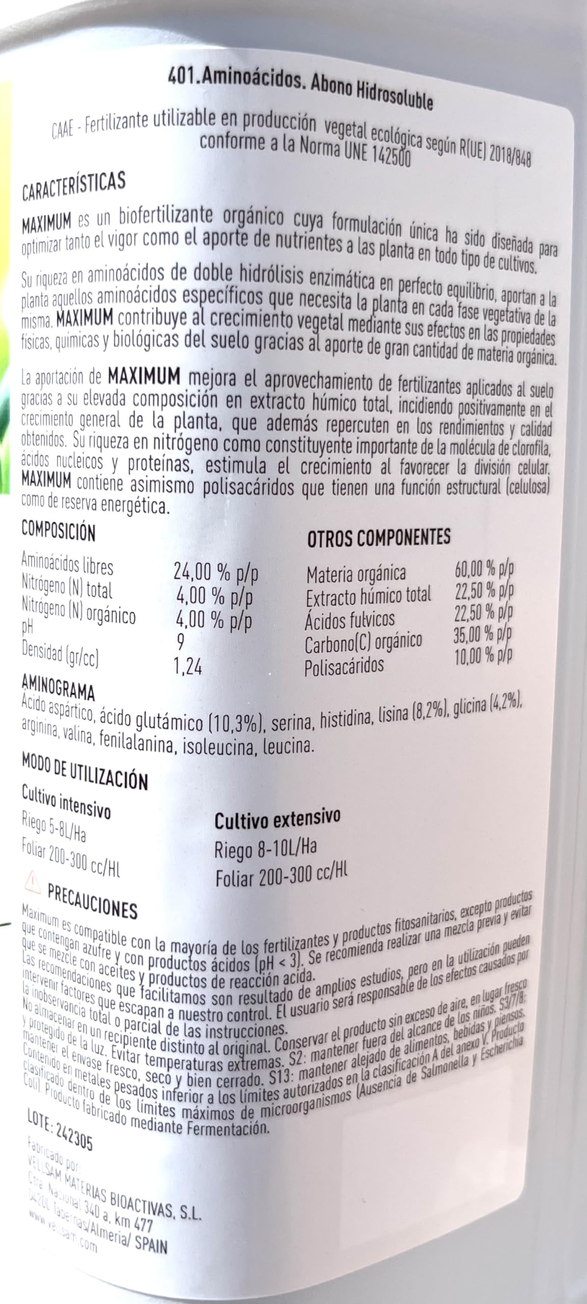 Abono foliar de aminoácidos concentrados 5 l. Bioestimulante de origen vegetal con calificación ecológica. Maximum 5
