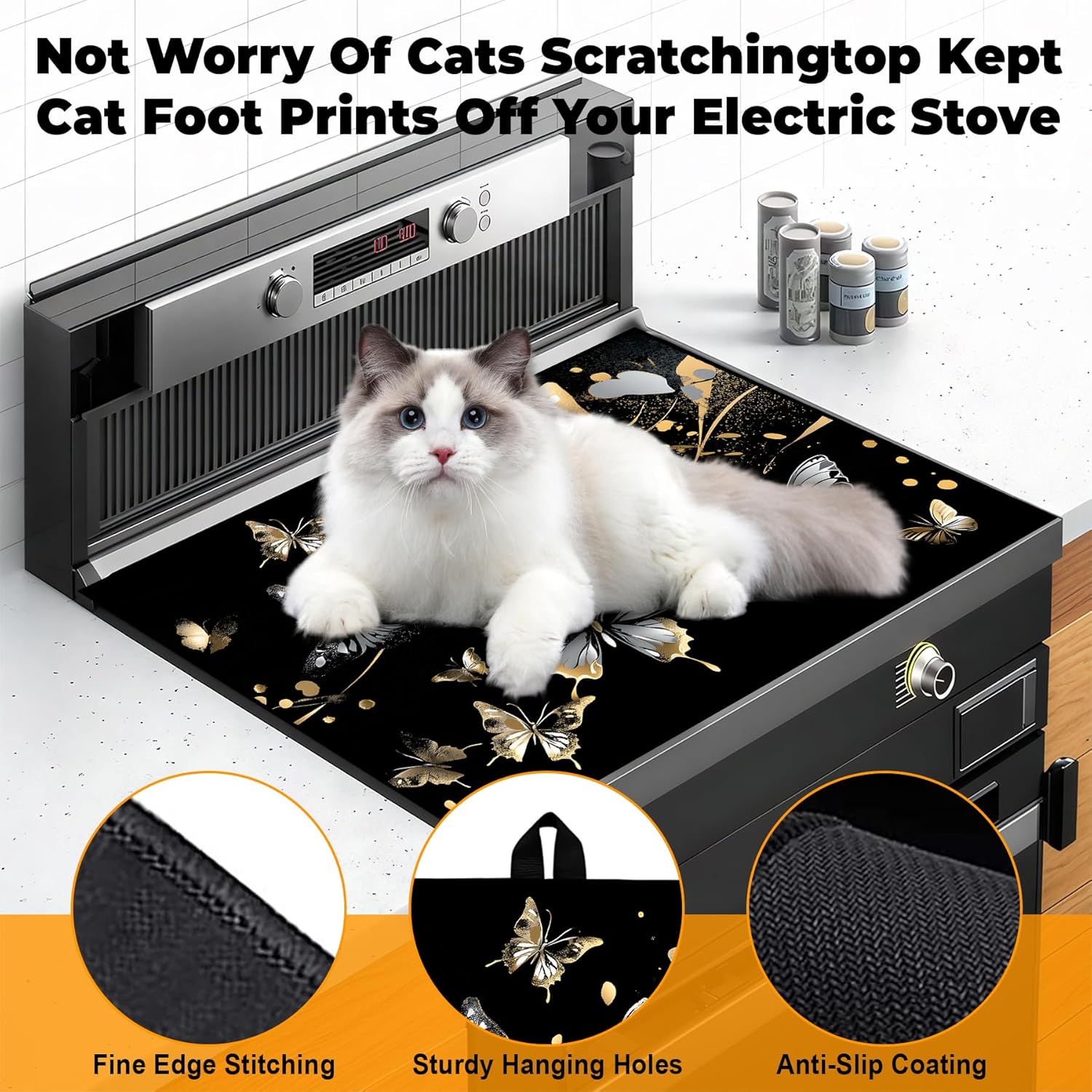 Heat-Resistant Glass Stove Top Cover with Anti-Slip Rubber Coating – Electric Stove Protector, Scratch-Resistant, Counter Space Decor Mat (Butterfly, 28.5"L x 20.5"W)