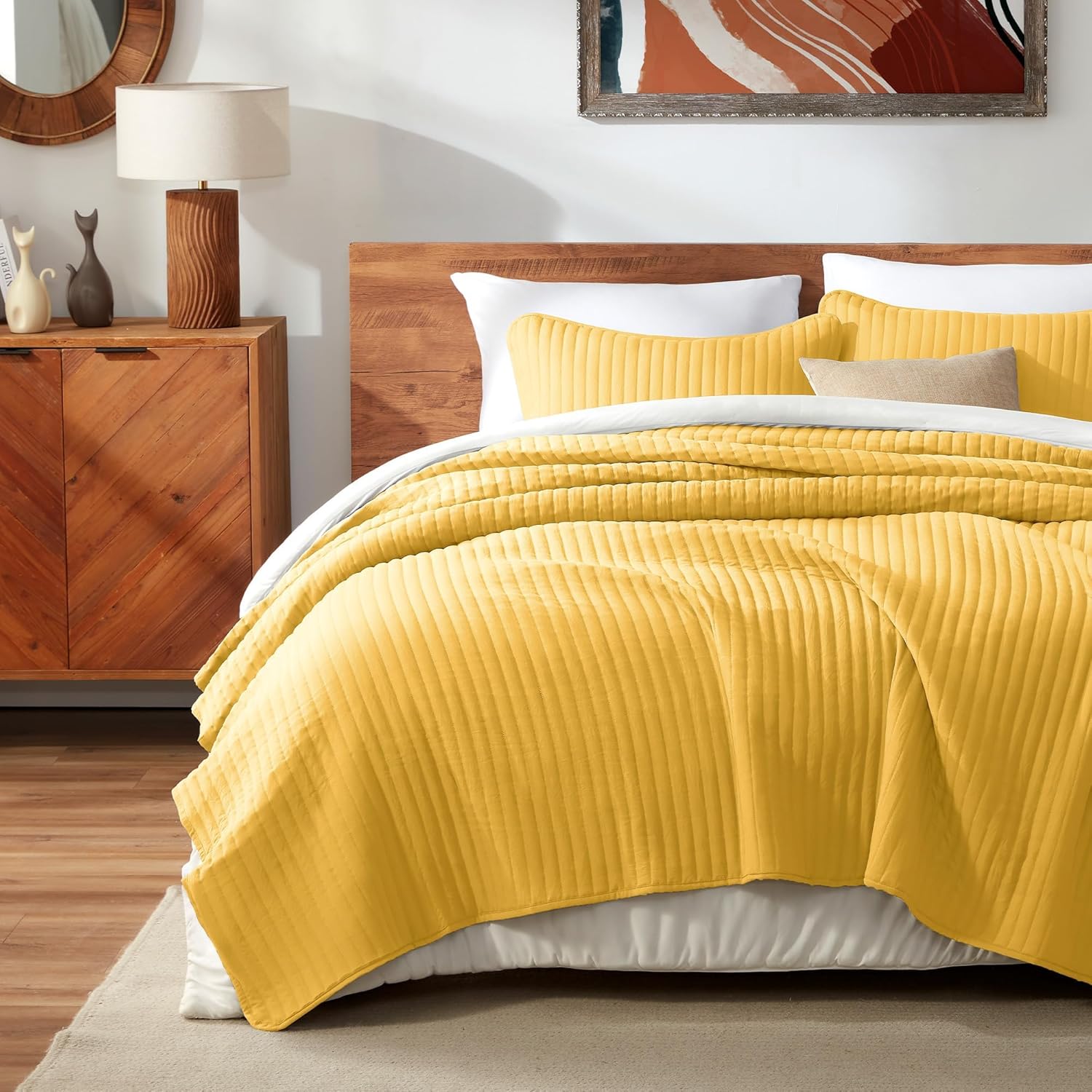 SLEEP ZONE Stripe Quilt Sets, King Bedspread Bed Coverlets for All Season Lightweight Quilts with 2 Pillow Shams 106x96 inch, Mustard Yellow