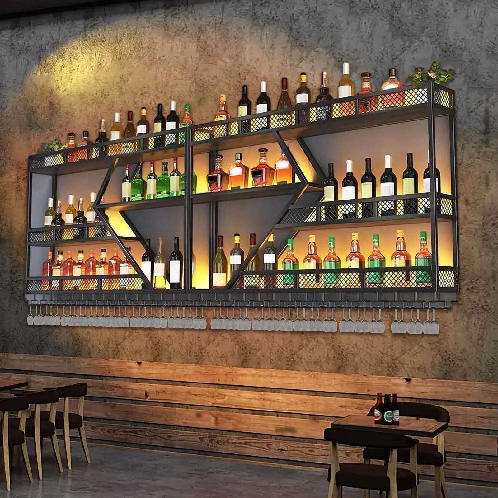 Metall Weinregal zur Wandmontage mit LED-Beleuchtung und modularen Weinflaschenhaltern, inklusive Gläserhalter, multifunktionaler Präsentationsregal für Zuhause/Bar/Küche (schwarz, 2 Meter)