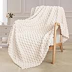Exclusivo Mezcla Extra Large Fleece Throw Blanket for Couch, 50x70 Inches Stylish Jacquard Soft Throw Blanket, Fuzzy Cozy Lightweight for All Season, Ivory