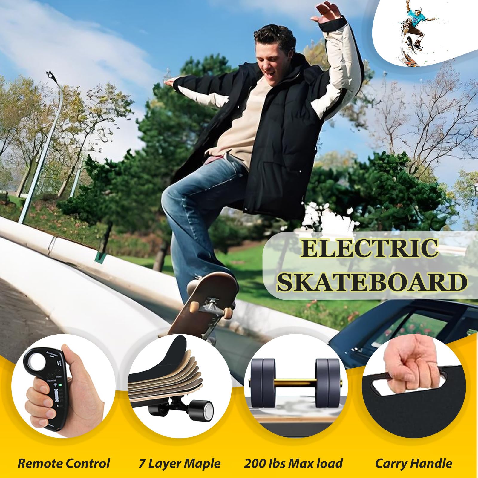 Longboard électrique pour Adultes avec Télécommande, Longboard Urbain Complet, Vitesse Maximale de 25 km/h et Autonomie de 15 km, 4 Vitesses, Compatible avec Les Mountainboards C