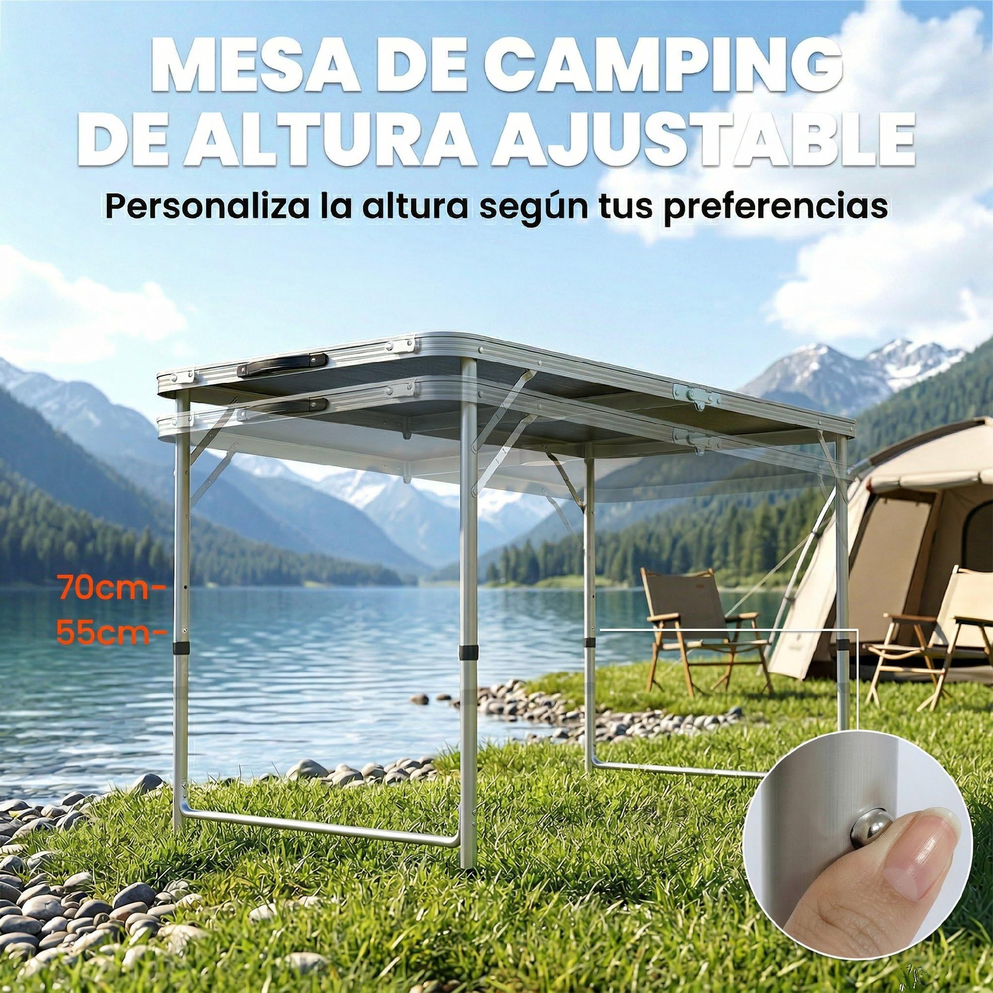 Outsunny Conjunto de Camping de 5 Piezas Mesa para Camping Plegable con Sillas Incluye 1 Mesa Ajuatsble en Altura con Encimera MDF Orificio para Sombrilla 120x60x55-70 cm y 4 Taburetes Plegables Negro