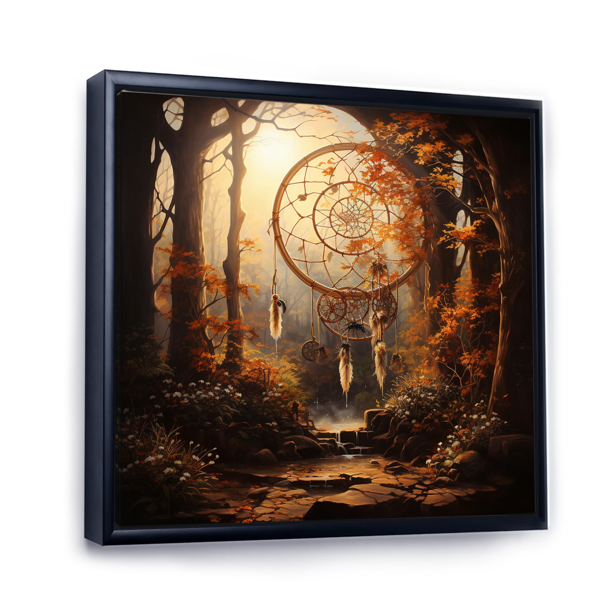 DesignQ Dream catcher Oversized framed wall art decor, Dream catcher framed wall art, Gold Dream Catcher Natures I, Gold Traditional Canvas Black framed wall art, 30x30 inches