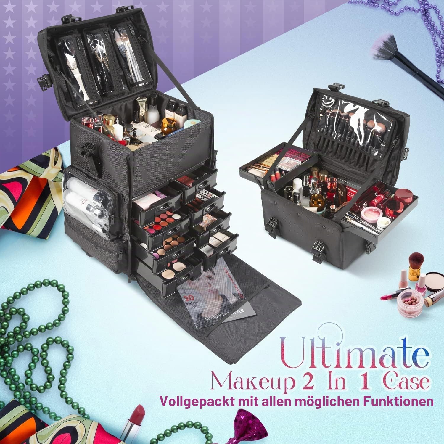 Make up Koffer - Professionell Schminkkoffer | Kosmetikkoffer groß mit Aufbewahrungsschubladen und 2 in 1 Omnidirektionale Räder für Reise, Wasserdicht Nylon Material, Schwarz