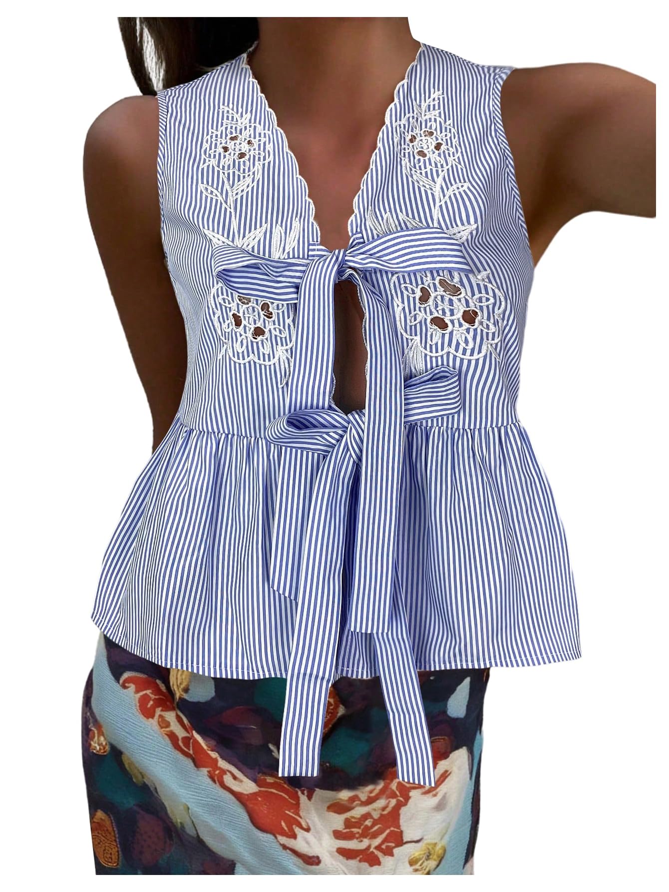 Women's Bow Tie Front Blouse V Neck Sleeveless Shirt Eyelet Embroidery Ruffle Peplum Tops