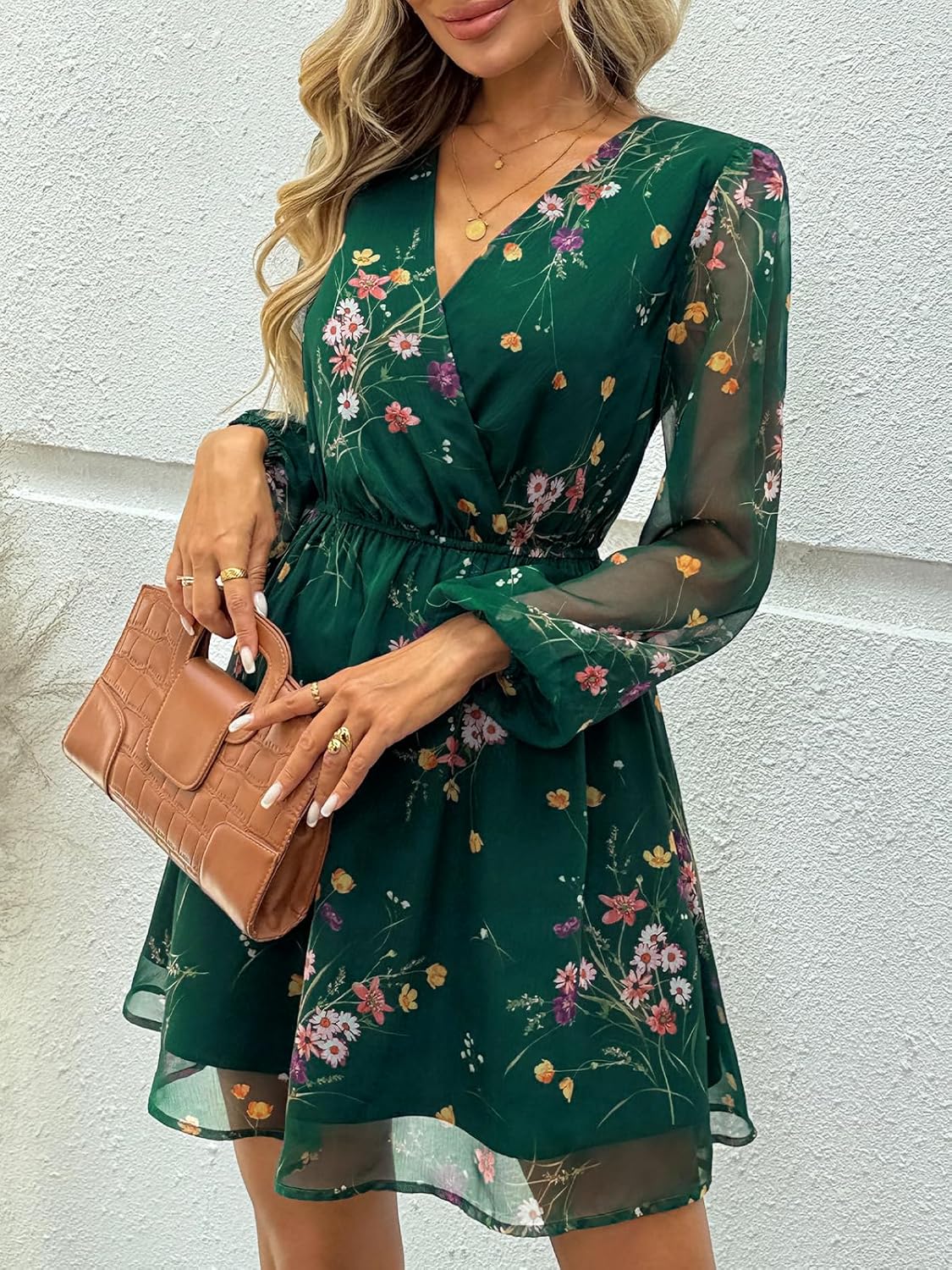 LILLUSORY Womens Long Sleeve Wedding Guest Dresses Winter 2026 Casual Fall Fashion V Neck Mini Chiffon Dress Flowy Clothes - Image 3