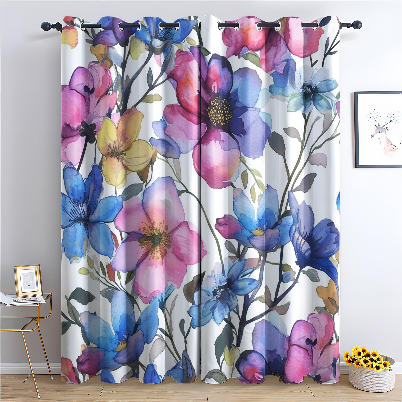 SZLYZM Floral Blackout Curtains for Bedroom living Room, Watercolour Flower Curtains 66x90, 90 Inch Drop Curtains 2 Panels Set, Thermal Eyelet Drapes Decorative Patterned Window Treatments (Qa-&383)