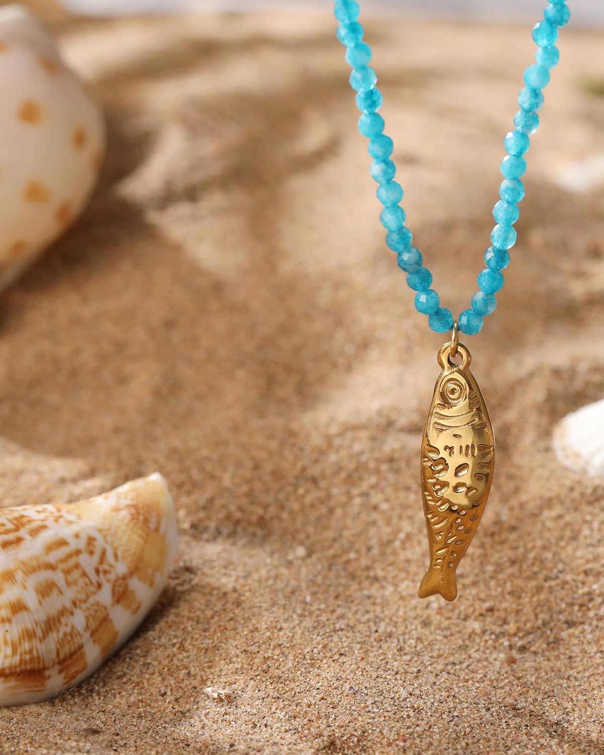 Boho Fish Necklace for Women, Natural Stone Beaded Necklace with Ocean Fish Pendent Charm, Bohemian Beach Jewelry - Image 4