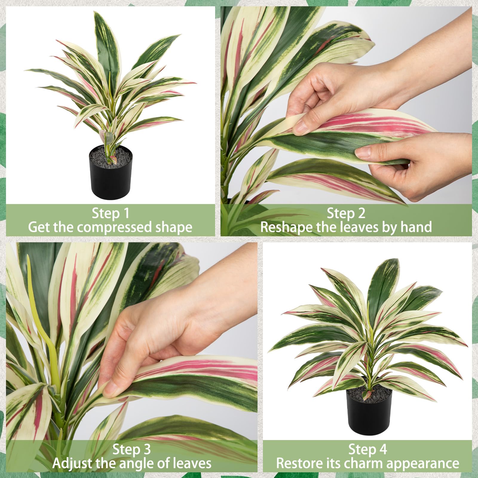 Oairse Pianta artificiale dracaena da 48 cm in vaso con vaso nero artificiale Dracaena piante tropicali artificiali per bagno, soggiorno, ufficio, scrivania, mensola, rosa