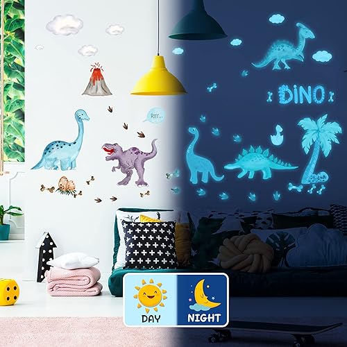 Miniatura 5 de Adhesivos de pared de dinosaurios que brillan en la oscuridad, 47 piezas de pegatinas de dinosaurio luminosas para dormitorio de niños, gran
