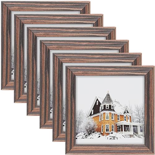 Marcos de fotos de grano de madera de ébano de 5 x 5 pulgadas, cuadrados, clásicos, de madera natural, paquete de 6 unidades para montaje en pared y
