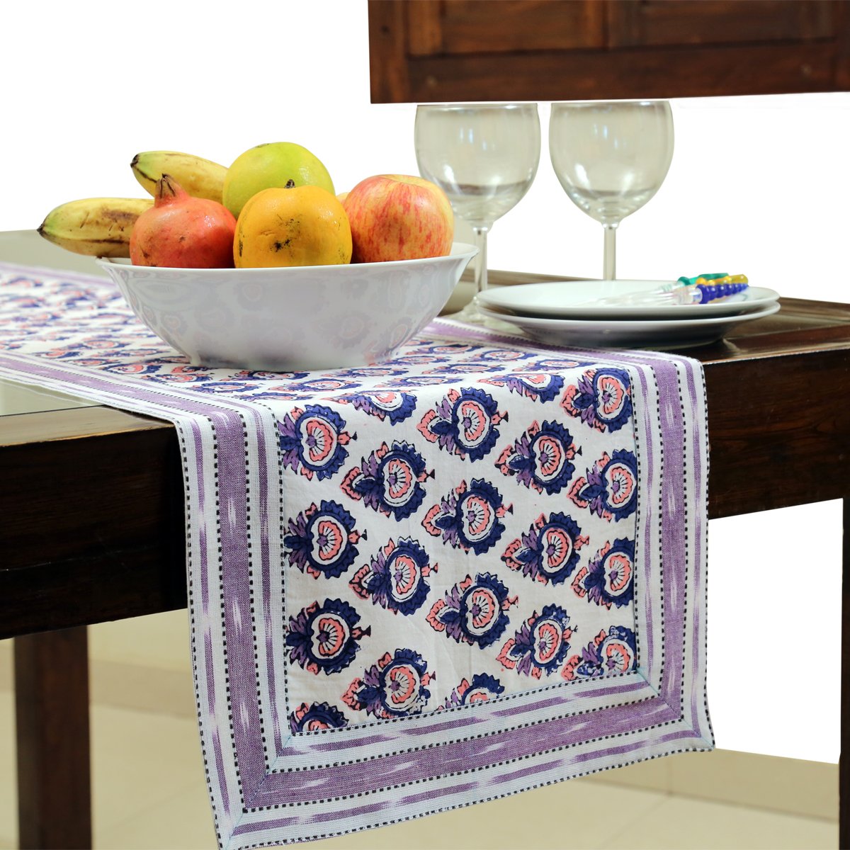 Hand Block Printed Cotton Table Runner with Ikat Border