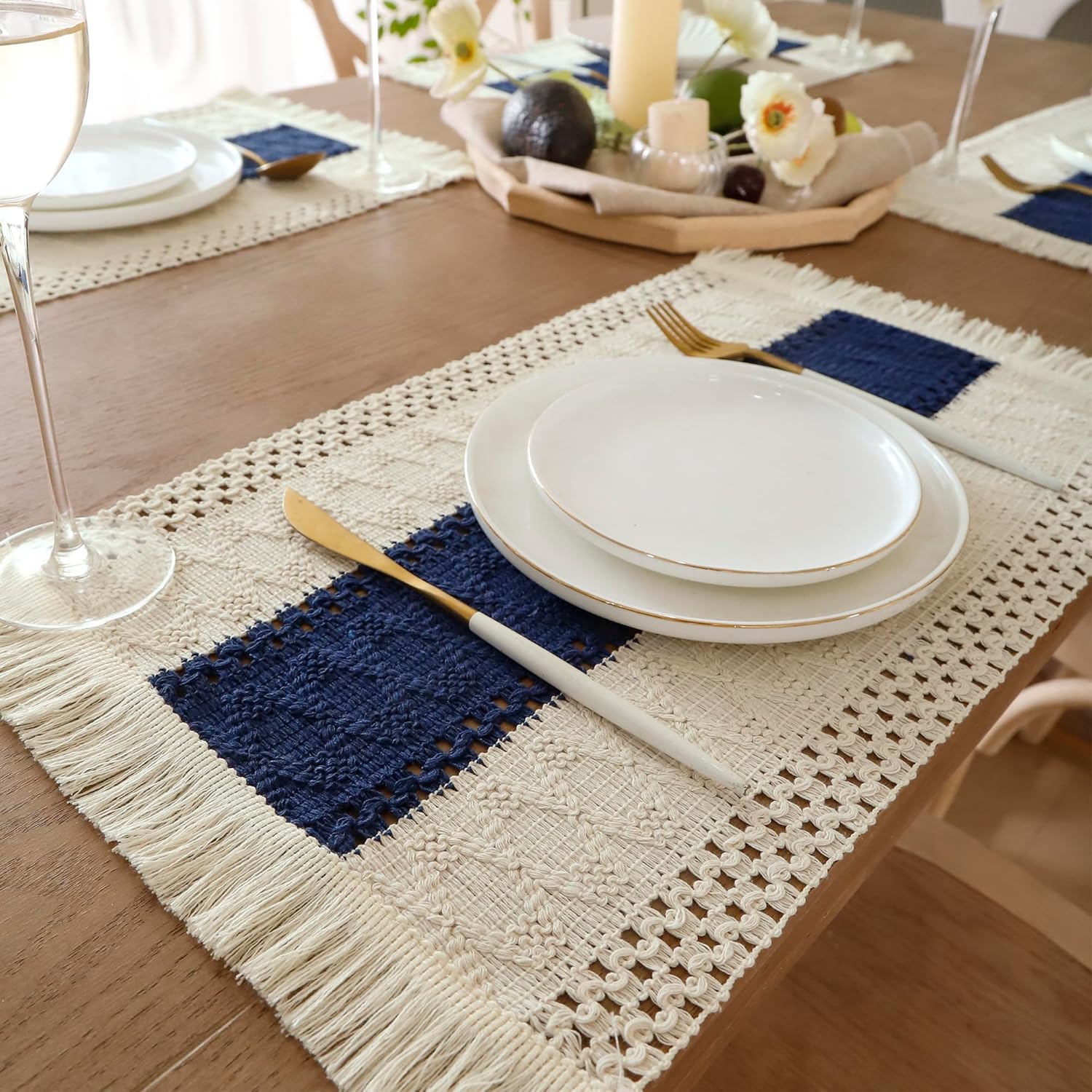 Boho Placemats Set of 6 Macrame Table Decor with Fringe Farmhouse Woven Placemats in Natural Burlap for Kitchen and Dining Table Centerpiece Spring Home Decorations, Navy Blue