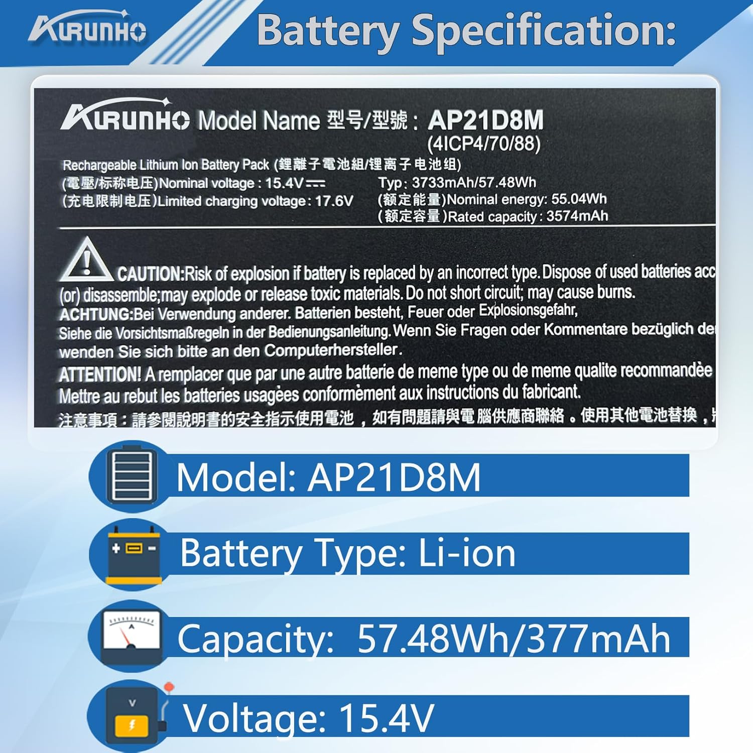 AP21D8M 58Wh Laptop Battery Replacement for Acer Nitro 5 AN515-46 AN515-47 AN515-58 Nitro 16 AN16-51 Nitro V15 ANV15-51 AN515-58-56CL AN16-51-74BV Series 57.48Wh 15.4V