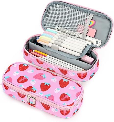 Miniatura 6 de mibasies - Lapicera para niñas, estuche con divisiones múltiples para lápices, diseño de fresas color rojo