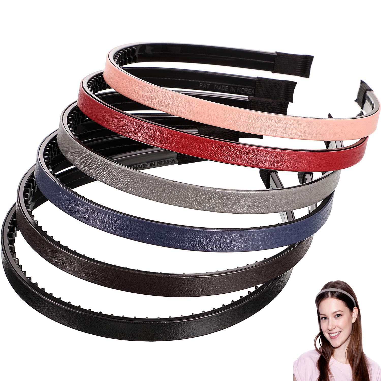 WILLBOND 6 Pieces Skinny Leather Covered Headband Plastic Skinny Headband Hair Loop Solid Color Simple Hairbands for Women(1.1 cm,Matte Pink, Wine Red, Navy Blue, Coffee, Black and Grey)