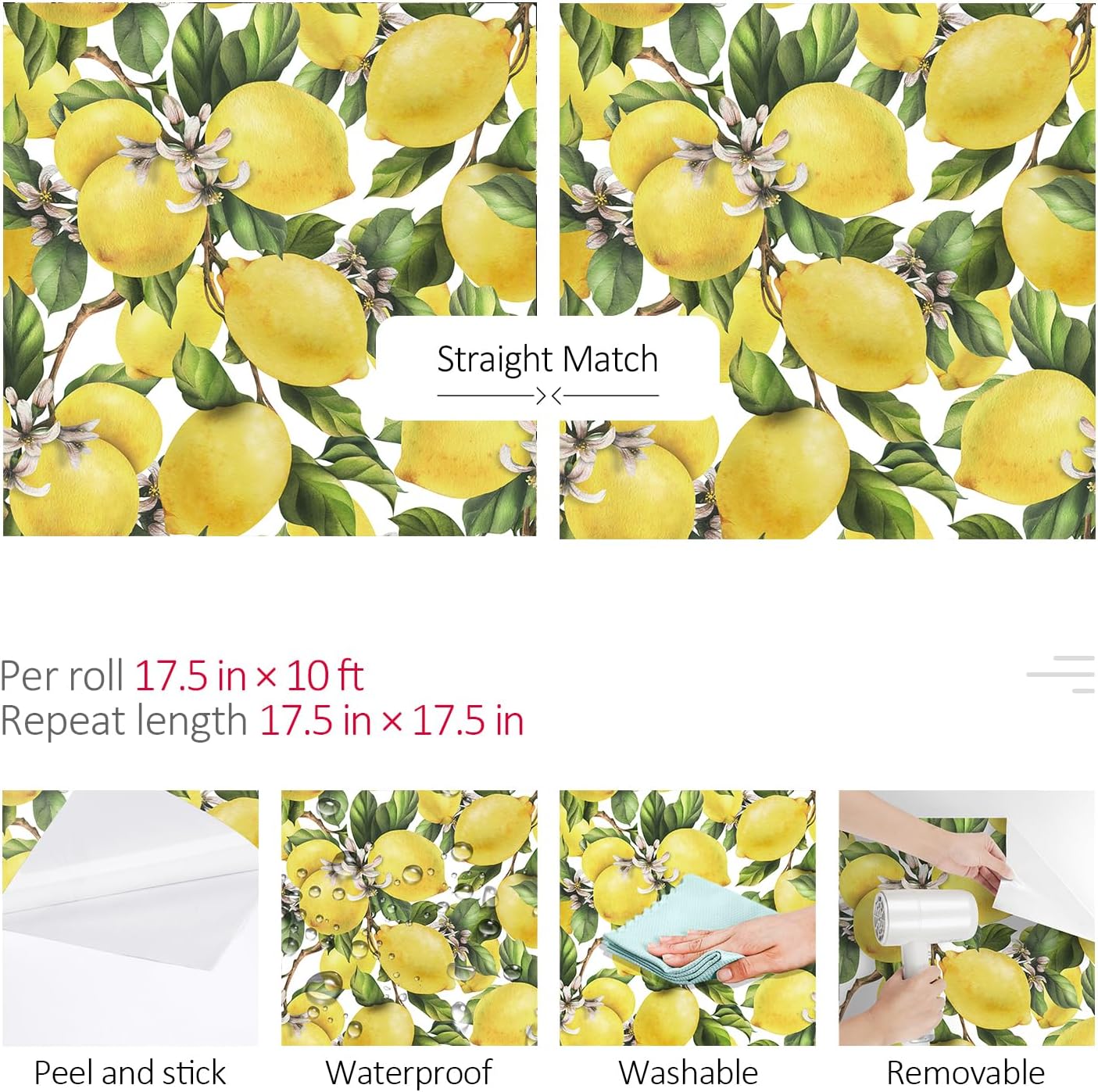 ReWallpaper Lemon Wallpaper Stick and Peel Prepasted Yellow Green Removable Wall Paper Vinyl Self Adhesive Lemon Print Contact Paper Shelf Liner 17.5inx10ft Vintage Stick on Wallpaper for Kitchen