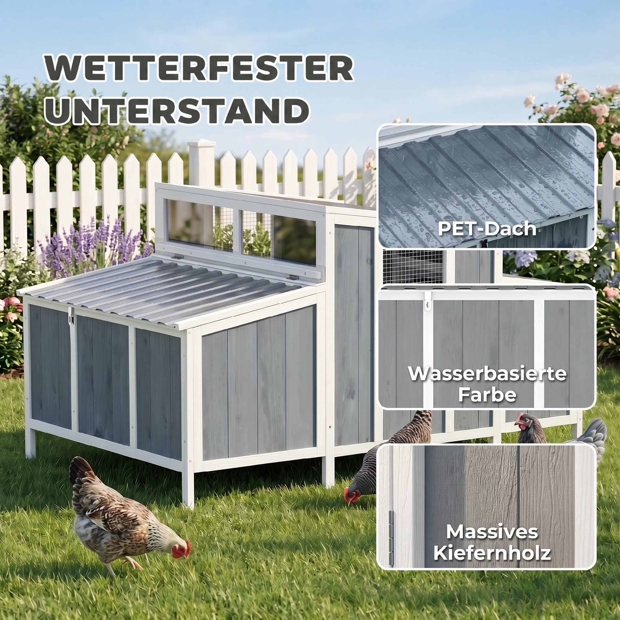 PawHut Hühnerstall Hühnerhaus aus Holz 145 x 90 x 92 cm, Freilaufgehege mit abschließbarer Tür, Nistkasten, wasserdichtem PET-Dach, Sitzstangen, Hühnergehege für 3-4 Hühner, für Garten, Grau