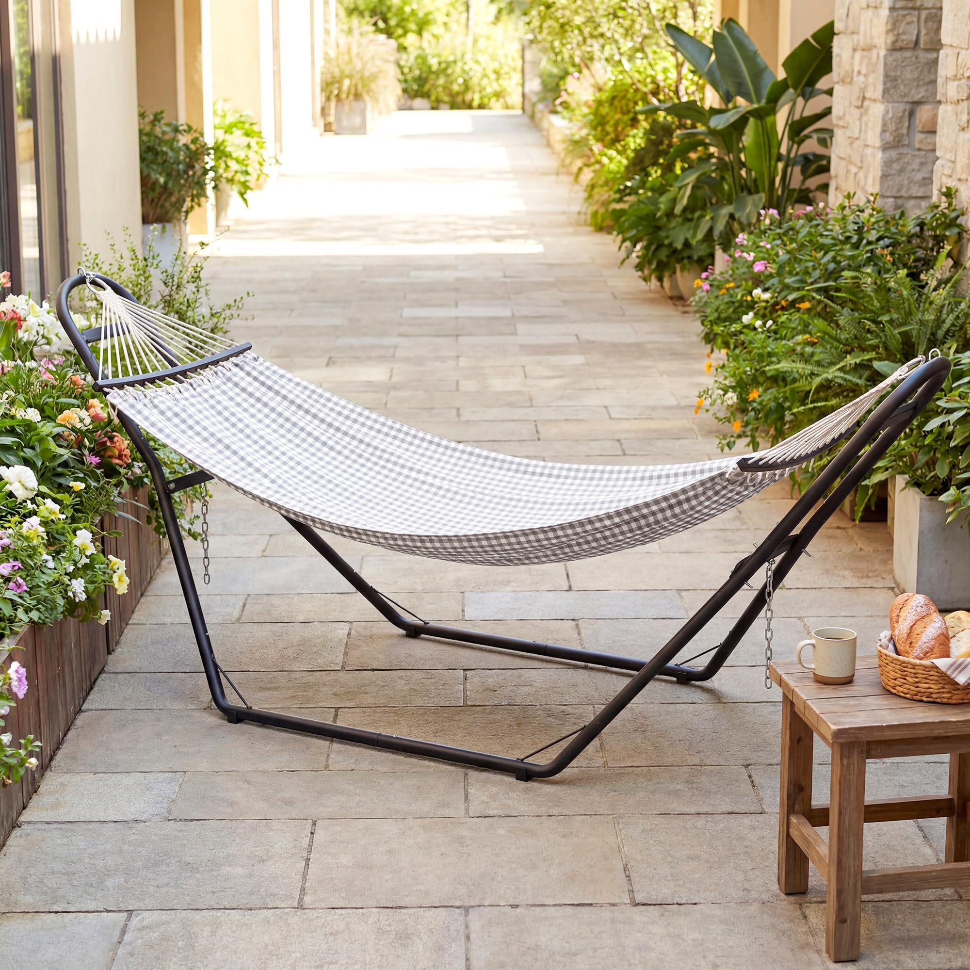 Outsunny Soporte para Hamaca para 2-3 Personas, Largo 278 cm, Cadena Ajustable, con Estructura de Acero, Ganchos en S, Pies Antideslizantes, para Hamacas de 2,75-4 m, Carga 150 kg, Negro