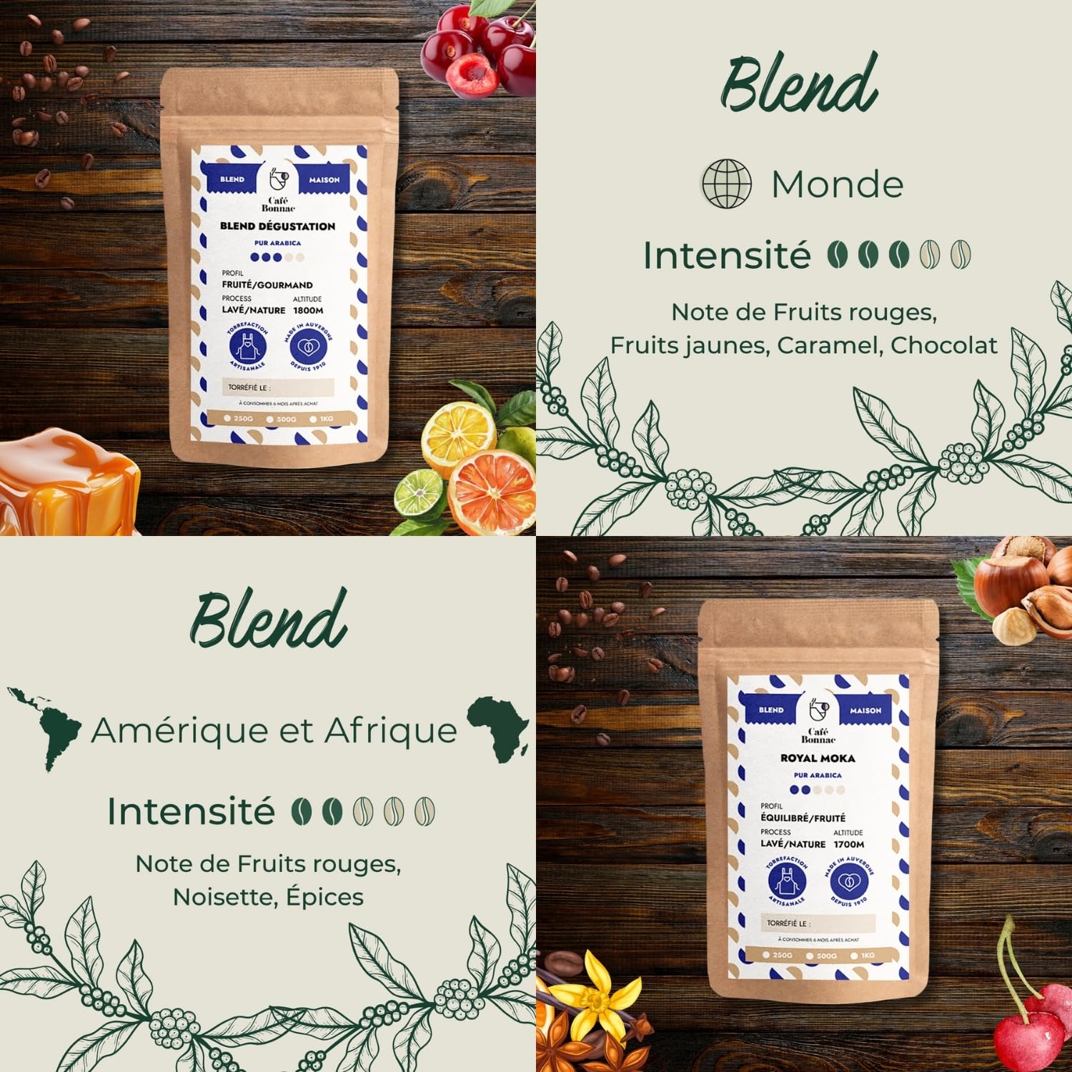 Café Bonnac – Coffret Découverte Cafés Blends – Café en Grain – 4x250g – 100% Arabica – Origines Éthiopie, Brésil & Colombie – Torréfaction Artisanale Française – Idéal Cadeau