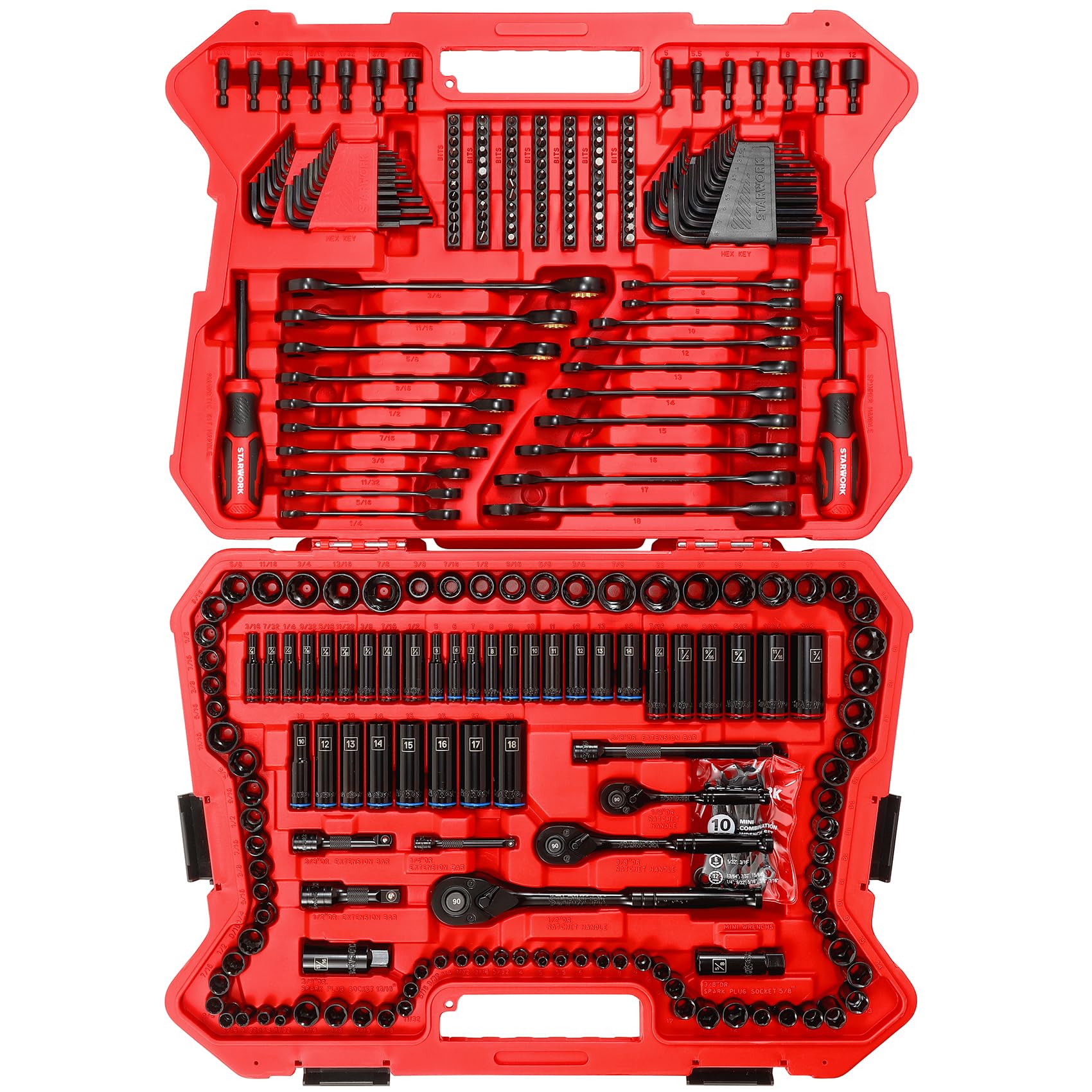 STARWORK TRUE MECHANIC 303-częściowy zestaw narzędzi mechanicznych, z kluczem zapadkowym 120T, profesjonalny, SAE/metryczny