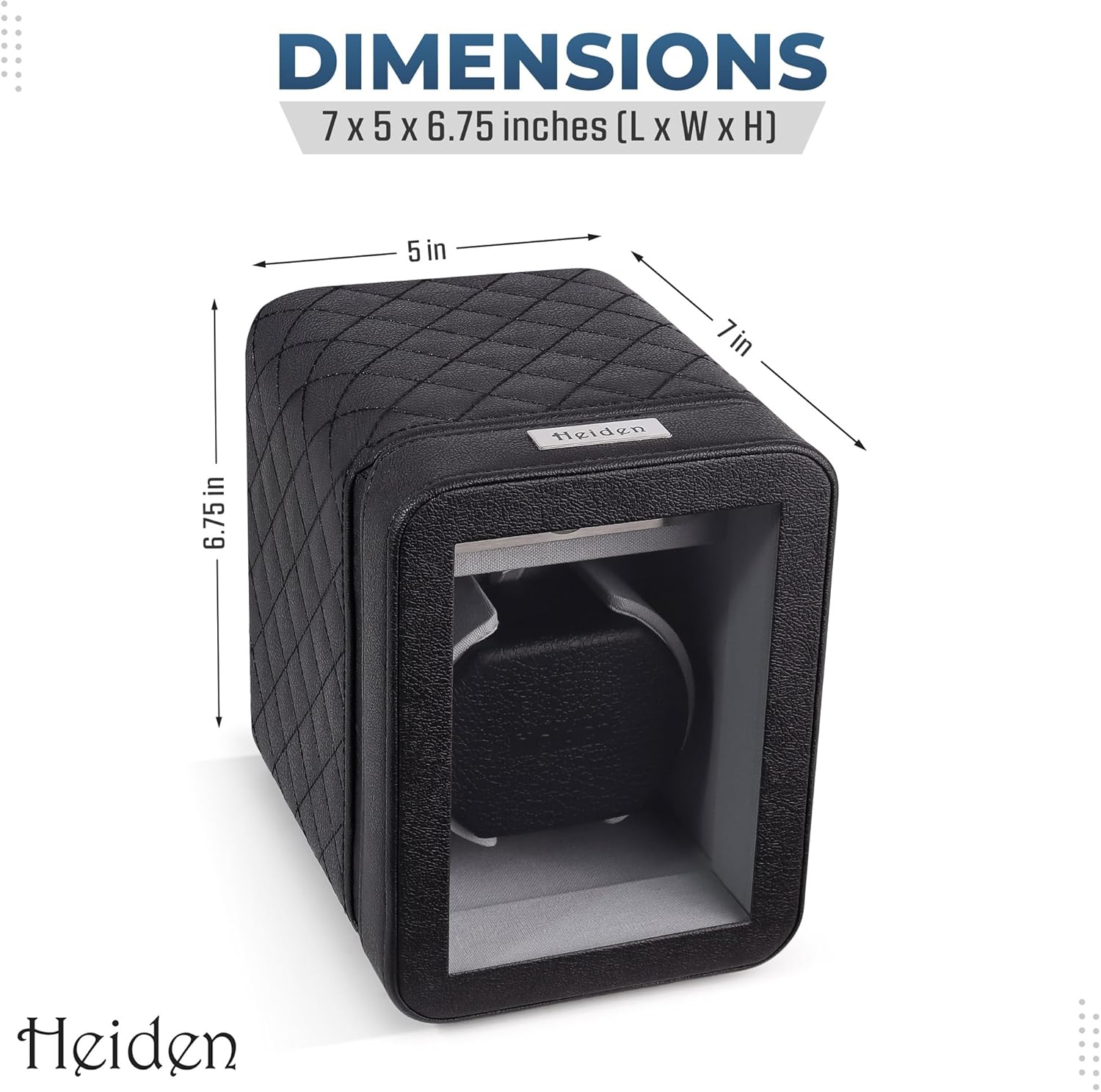 Heiden Monaco Watch Winder - Automatic Watch Winder for Automatic Watches, Rolex - Black Leather - Battery Powered or AC Adapter, 12 Program Settings, Diamond Stitched Vegan Leather
