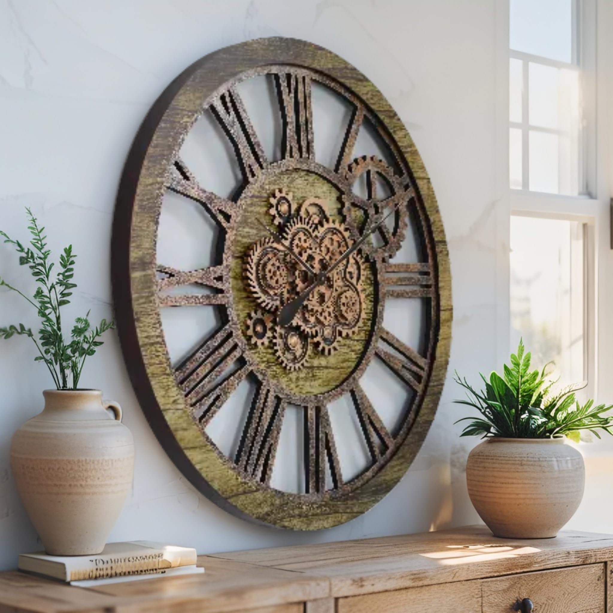 The Gears Clock Wanduhr, 91,4 cm, echtes bewegliches Zahnrad, Vintage, industriell, übergroß, rustikales Bauernhaus, goldfarben / antik