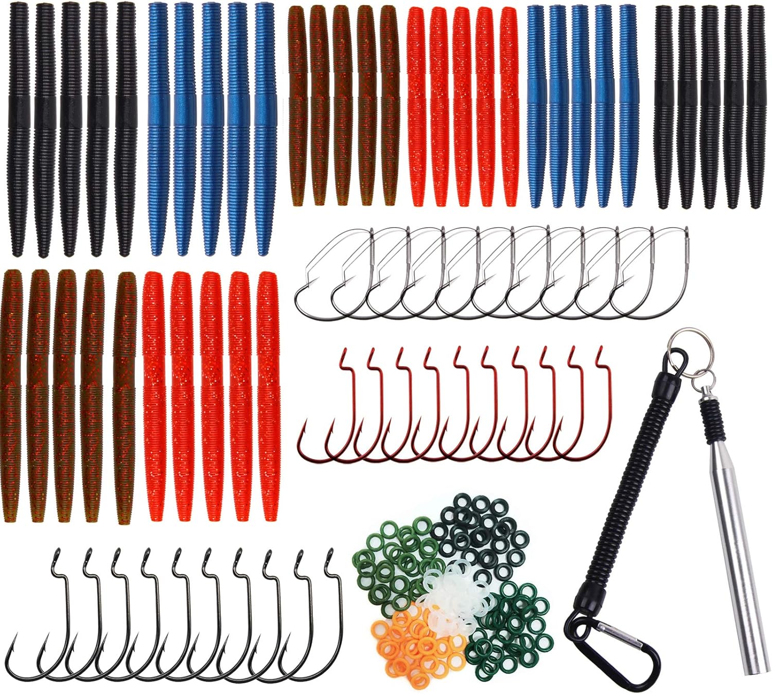 JSHANMEI Wacky Rig Worm Kit, Wacky Rig Tool, Wacky O-Rings, Wacky Jig Hooks, Plastic Soft Worms Baits Fishing Lures Tackle Kit : Sports & Outdoors