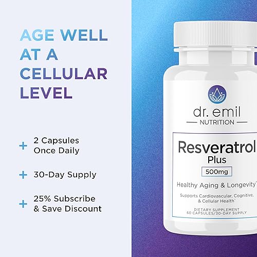 Miniatura 6 de DR. EMIL NUTRITION Suplemento de resveratrol - Suplemento para el envejecimiento saludable con 500 mg de resveratrol y 100 mg de quercetina - Apoya