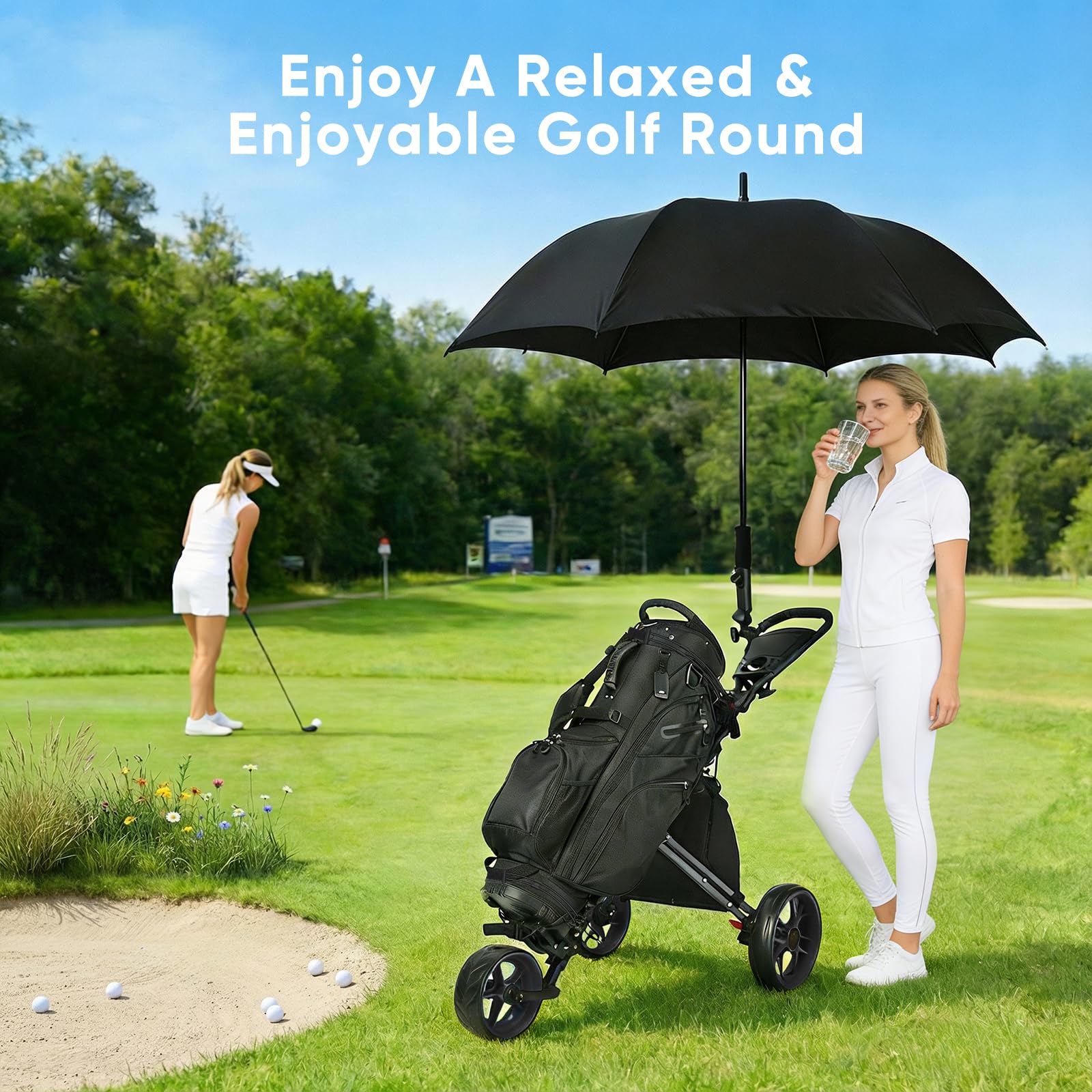 Golfwagen Klappbar 3 Räder, Golf Trolley Leicht mit Fußbremse, zusammenklappbarer Golf Caddy mit Eva Rollen, Kühltasche & Schirmhalter, für Jede Golftasche