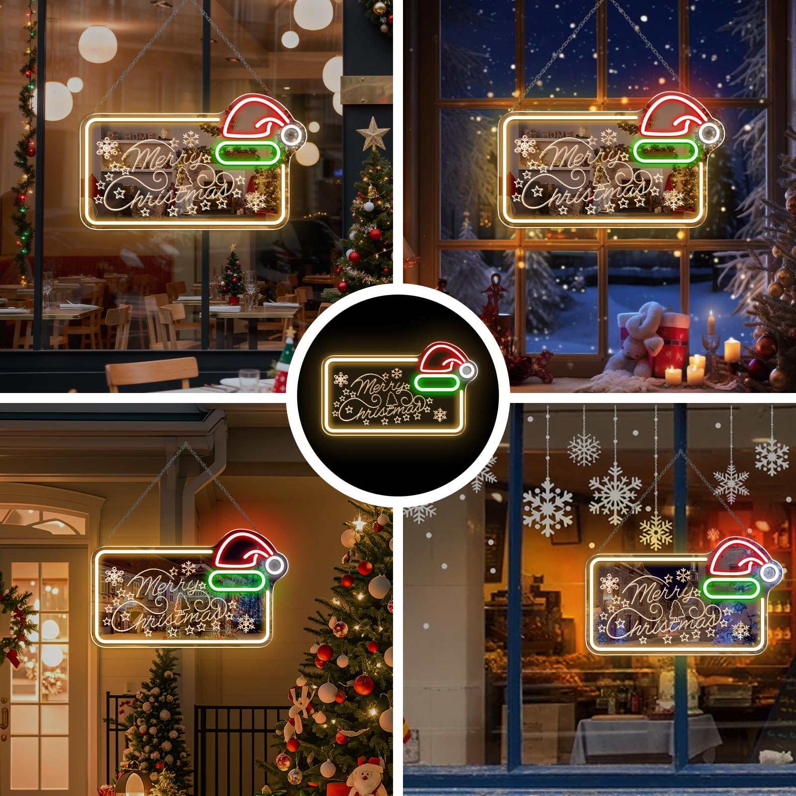 Letrero LED de neón con espejo de 16.5 x 10 pulgadas, decoración de pared con luz LED regulable con sombrero de Papá Noel, decoración de pared alimentada por USB para el hogar, habitación de los niños