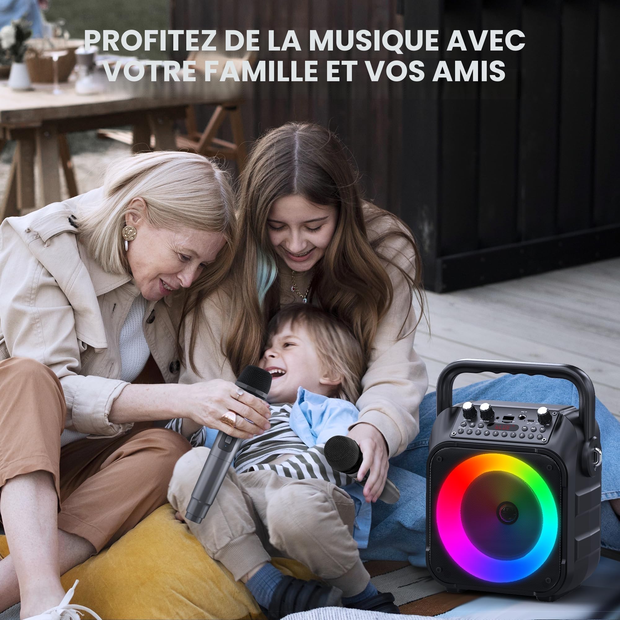 Karaoke Adulte, Haut-Parleur Bluetooth Portable Karaoke pour Adultes avec 2 Microphones sans Fil, Système PA pour Adultes et Enfants avec Lumières LED pour Les Fêtes (Noir)