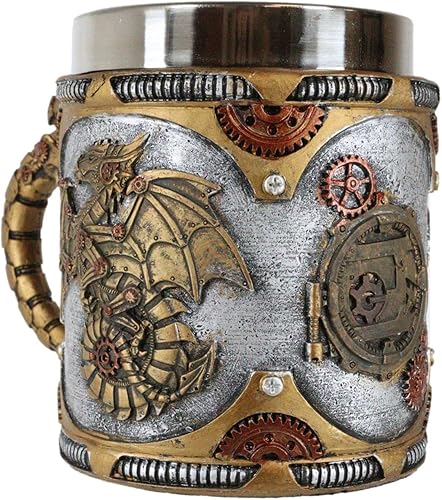 Miniatura 3 de Ebros Gift Fantasía Golden Steampunk Cyborg Dragón robótico en viaje a la luna Cerveza Stein Tankard Taza de café Calabozos y Dragones Victoriano
