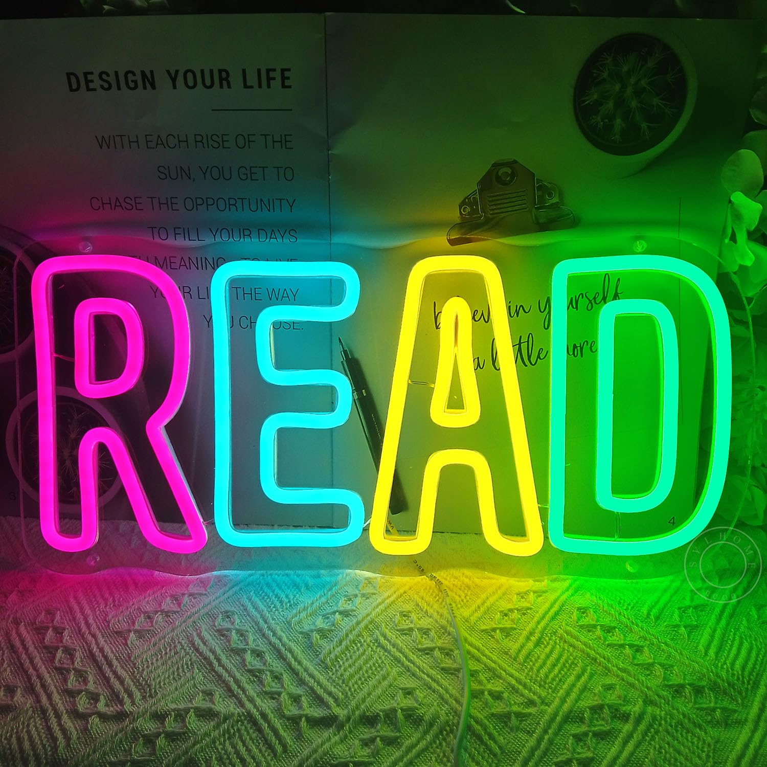 SYLHOME Read Led Neon Light Sign Library Classroom Bedroom Kids Room Funny Colorful Book Wall Sign Decor Nursery Christmas Birthday Decoration USB