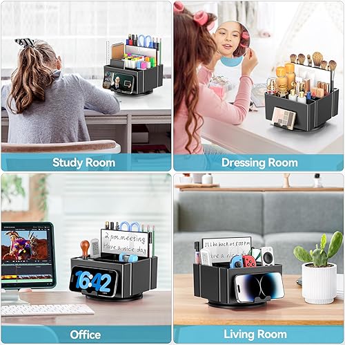 Miniatura 6 de KDD Portalápices para escritorio, organizador giratorio con pizarra blanca de borrado en seco y soporte para teléfono, caja de almacenamiento de