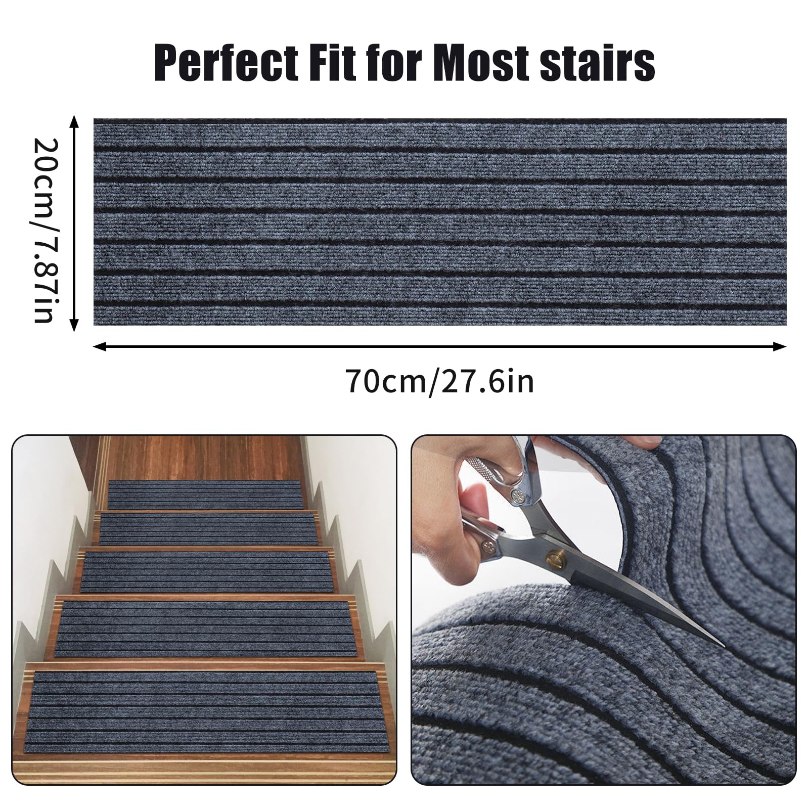Treppenstufen Matten, 15 Stück 70x20cm Anti-Rutsch Treppenmatten, Weich Rechteckig Selbstklebend Innentreppe Treppenstufen Stufenteppich für Kinder, Älteste, Haustiere (Grau)