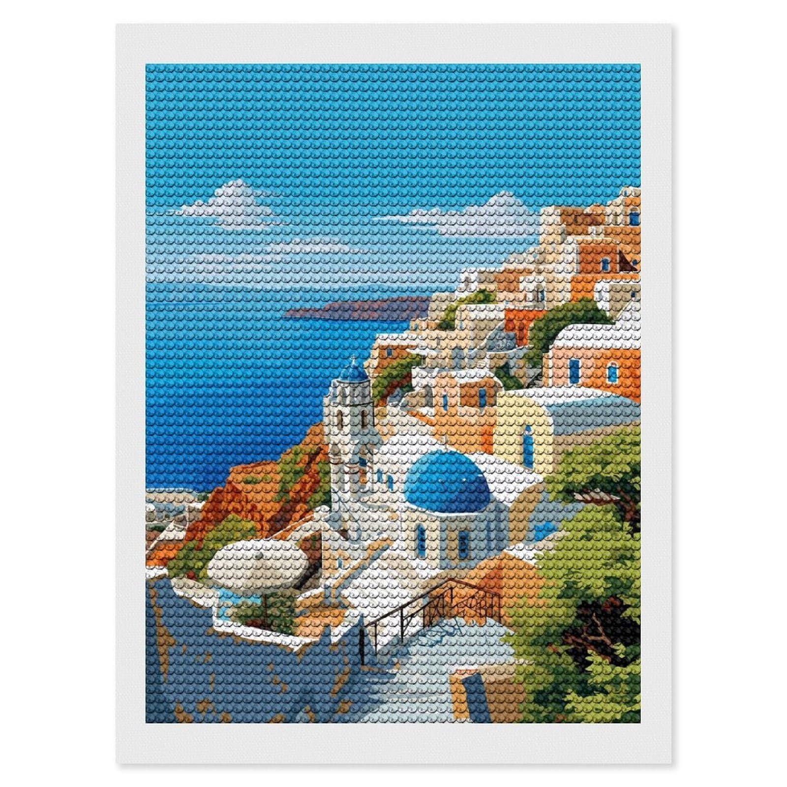 Junmoney Spring Santorini Travel Diamond Art Kit 12"x16", Relaxing DIY Hobby, Satisfying Creative Project, Living Room Decor, for Women