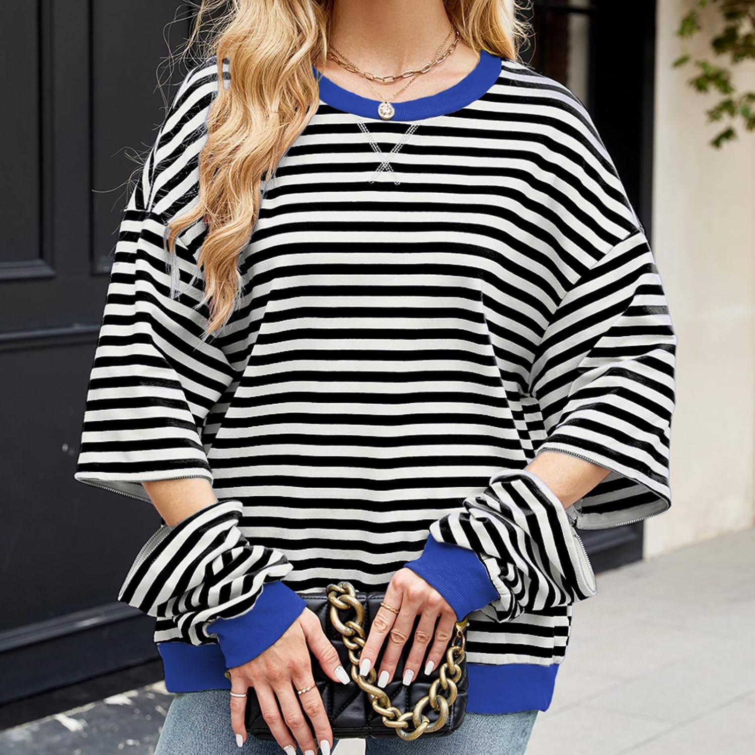 Womens Striped Oversized Sweatshirt Color Block Long Sleeve Crew Neck Sweatshirt Convertible Short Sleeve Pullover Y2K - Image 2