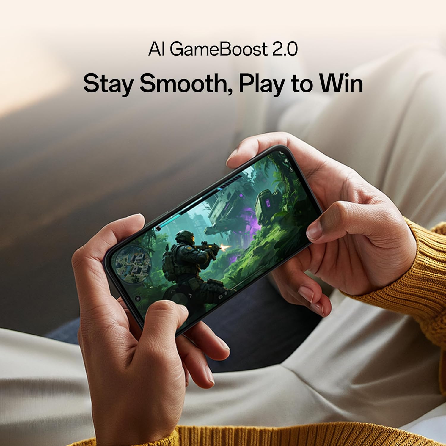 Person using OPPO A6 Pro 5G with AI LinkBoost 3.0 for stable connection