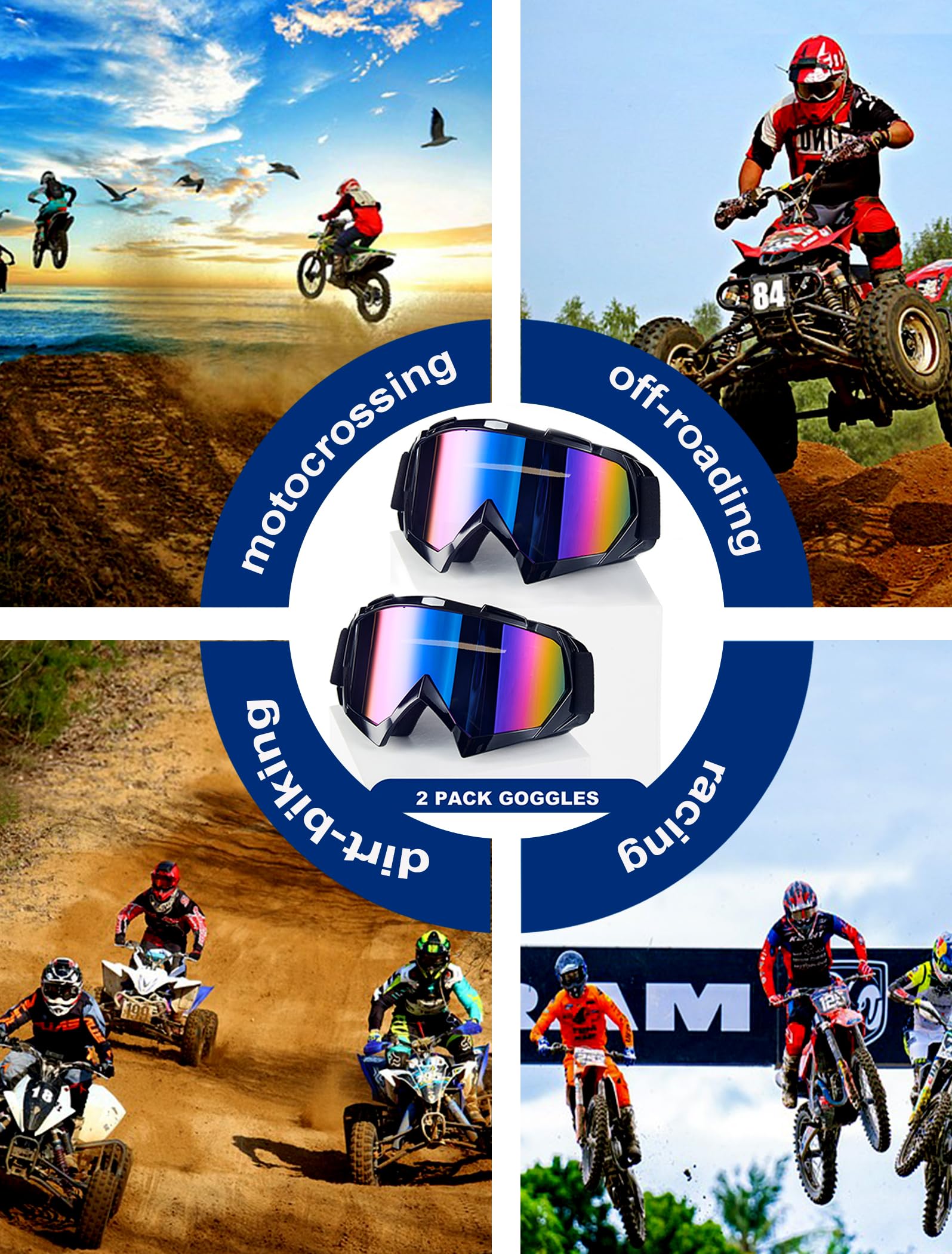 2 occhiali da motocross moto ATV equitazione antipolvere antivento Off Road Racing MX quattro ruote occhiali