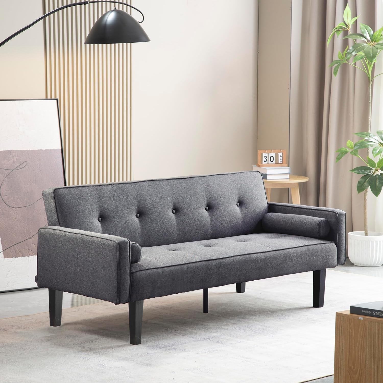 Modern Fabric Sofa Bed Futon,Convertible Sleeper Loveseat with 2 Pillows and Armrests,75" Folding Recliner Couch Bed with Solid Wood Legs for Living Room Apartments Office (Gray-New Fabric)