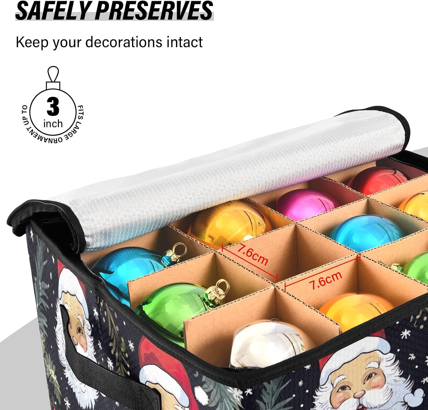 SPRIPORT Christmas Santa Christmas Ornament Storage Box for Next Season Holiday Decorations Storage Container with Adjustable Dividers & Lid Lidded Storage Bins for Organizing Decor Ornaments Balls