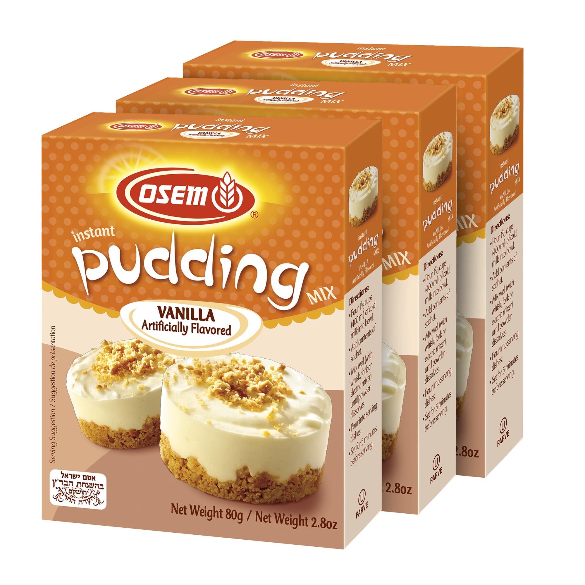 Osem Instant Pudding Vanilla Flavor 2.8 Oz (Pack of 3) Only 80 Calories Per Serving, Quick & Easy Dessert or Light Snack