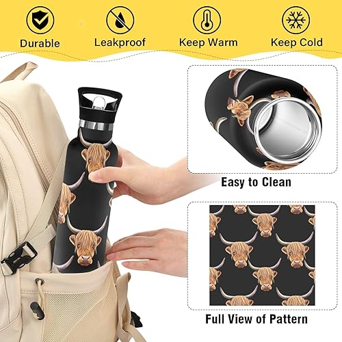Miniatura 4 de Kids Water Bottle with Straw for School Leakproof Insulated Water Bottles 20oz, BPA-Free, Cute Highland Cow Heads Black