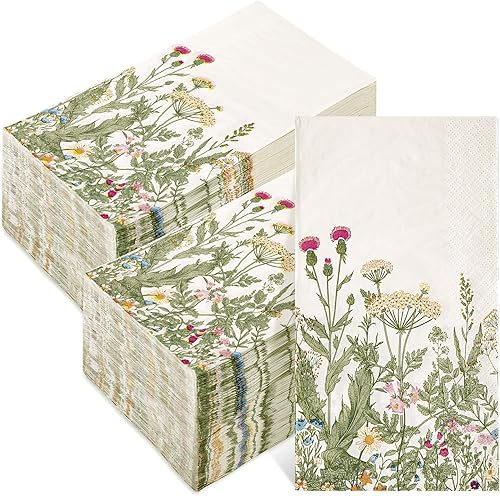 ChicRosa 100 servilletas de papel desechables con flores silvestres, hojas verdes botánicas, hierbas, cena, servilletas de mano para el hogar,