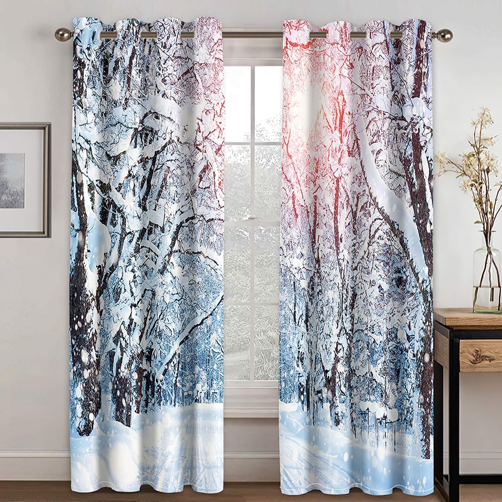 Gardinen Blickdicht 2er Set, Thermovorhänge Winterbäume und Weg mit Schnee H 160 x B 107 cm Abdunkelnde Vorhänge Ösen für Wohnzimmer